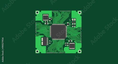 Green PCB circuit board with central processor and electronic components on dark green background