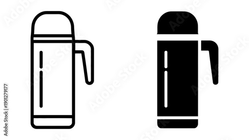 A minimalist vector graphic illustration of two thermos bottle silhouettes in black and white