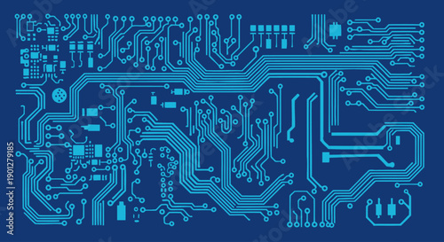 Blue abstract electronic circuit board pattern with components and pathways on dark blue background