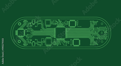 Green electronic circuit board with microchips and complex wiring on dark background, vector illustration