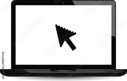 Minimalist notebook computer graphic featuring stylized pixel cursor on empty display for web design and tech projects