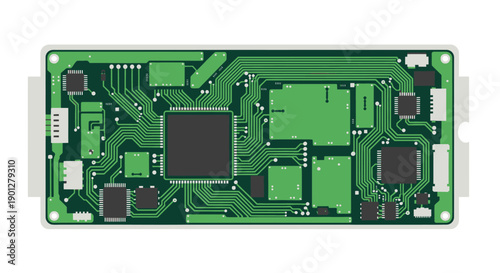 Green printed circuit board with microchips and connections, flat design vector