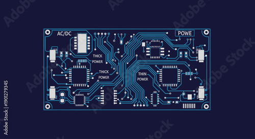 Electronic circuit board schematic with microchips and connections, dark blue background