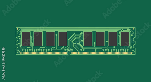 Green circuit board RAM module with black chips on dark green background, flat design vector