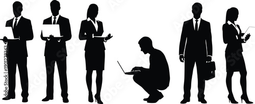 Business people silhouette vector collection featuring professional men and women working with laptops, tablets and briefcases in flat black corporate illustration design