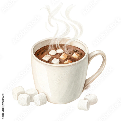 A steaming mug of hot chocolate with marshmallows
