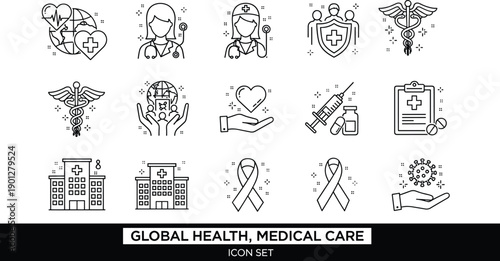 Global health medical care icon set, healthcare symbols, hospital, doctor, nurse, vaccine, protection, awareness, insurance, line icons