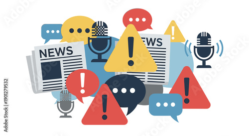 Important news communication and warning symbols clustered together, representing critical information, alerts, and media updates on a clean white background.