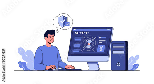Man actively working on computer security, with a protective shield icon in a thought bubble above his head and a security dashboard on the screen.