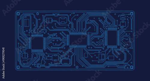 Blue circuit board pattern with integrated circuits and microchips on a dark background, vector art