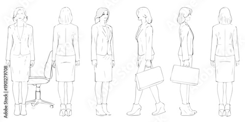 Line art illustrations of women in business attire viewed from various angles