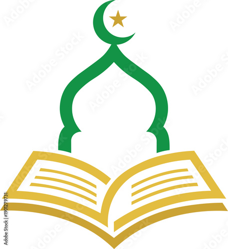 Islamic Education Logo with Open Quran and Mosque Dome Crescent Star Vector Illustration