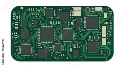 Green printed circuit board with various electronic components and intricate pathways, flat design vector.