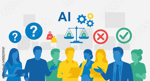 Diverse people evaluating artificial intelligence concepts, weighing its pros and cons with various symbols and question marks on a light background.