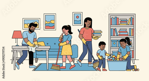 Happy diverse family members performing various household chores together, maintaining a tidy and well-kept home interior with modern furniture.