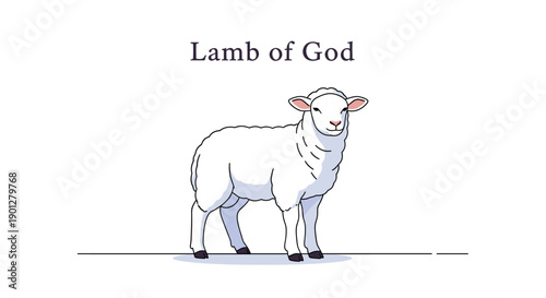 Gentle white lamb stands peacefully on a simple line, accompanied by the spiritual text 'Lamb of God' on a clean white background.