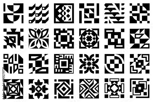 A collection of 24 black and white geometric square icons featuring abstract, tribal, and minimalist patterns. Perfect for modern logos, ethnic branding, decorative tile designs, and graphic elements.