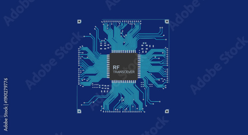 Electronic circuit board with central processor and intricate pathways on a blue background, flat design vector.