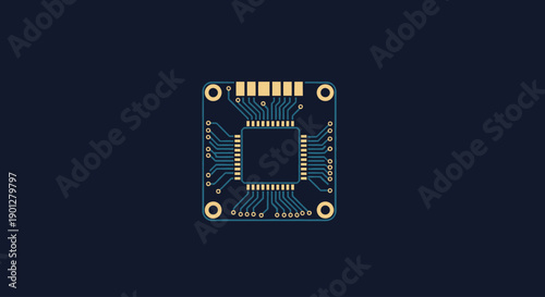 Square circuit board with central chip and radiating lines on dark blue background, flat design vector.