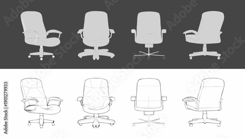 Illustrative display of office chairs showing different designs and perspectives