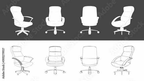 Four office chair designs displayed in various perspectives and color schemes