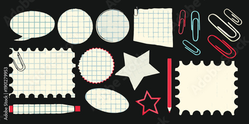 Stationery elements including paper clips speech bubbles and a red pencil