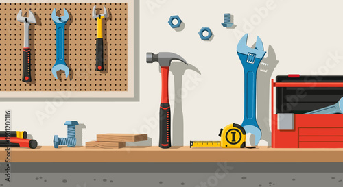 Various hand tools and hardware neatly arranged on a workbench and pegboard in a well-organized home workshop with a clean background.