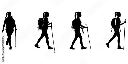 Group women hiking silhouettes vector set for outdoor gear catalog branding backpacking equipment marketing and trail guide illustrations