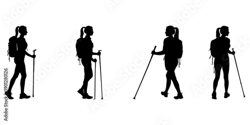 Women hikers walking poses vector set for fitness app branding trail running marketing and active lifestyle campaign visuals