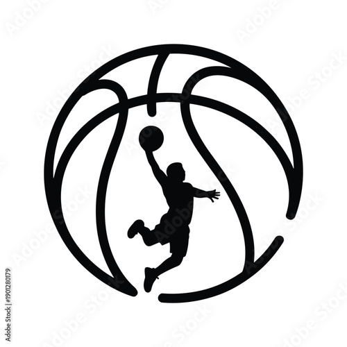 Silhouette of a dynamic basketball player performing a slam dunk within a stylized basketball outline