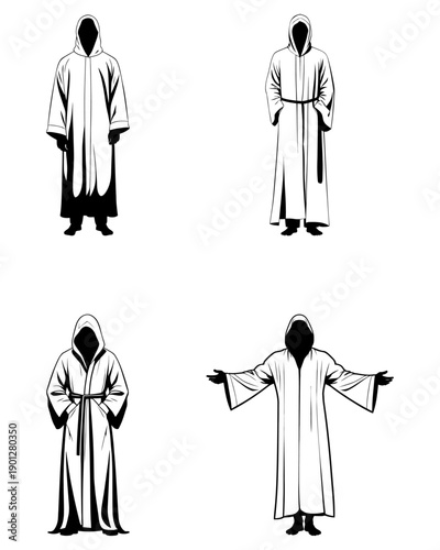 Robed figure silhouettes standing upright vector collection for fantasy world building religious iconography and spiritual branding materials