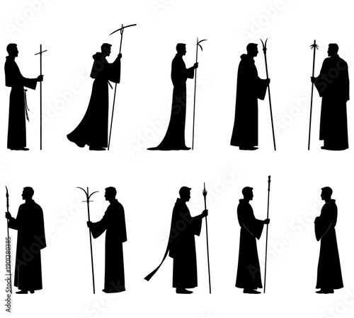 Wizard robe staff silhouettes collection vector for fantasy game assets RPG character design and magical storytelling visuals