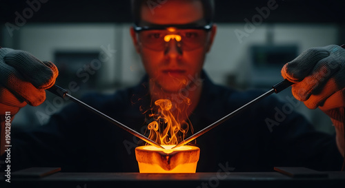 A focused engineer in protective gear carefully manipulates glowing molten material in a crucible, highlighting intricate industrial metallurgical research and development