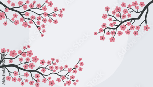 Beautiful pink cherry blossoms bloom on dark tree branches, creating a serene and elegant floral pattern on a soft light grey background.