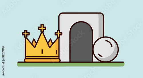 Majestic golden crown, a sturdy grey archway, and a round white sphere are depicted on a green ground against a light blue background.