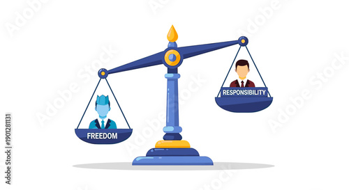 Balance scale weighing freedom against responsibility with people silhouettes illustrating the concept of their relationship on a clean white background.