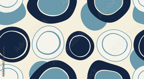 Abstract geometric shapes pattern featuring various blue and white elements on a soft cream background, creating a modern retro design.