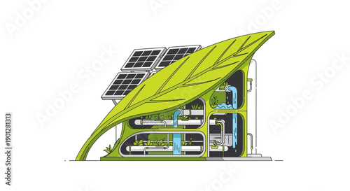 Sustainable Eco-Building Concept: Renewable Energy and Vertical Hydroponics within a Leaf Structure. Green Technology Illustration