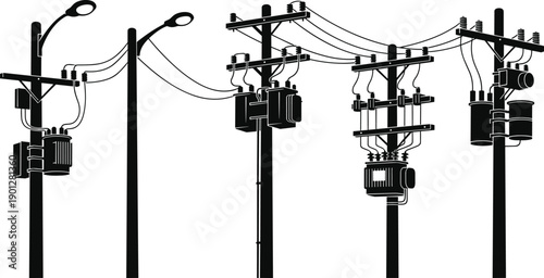 Electric utility pole vector illustration featuring power lines, transformers and street lights in black silhouette style for energy distribution infrastructure design