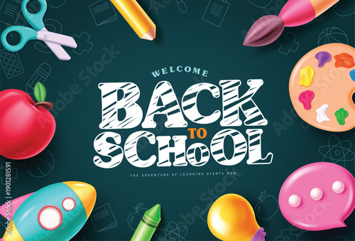 Back to School Banner with 3D School Supplies and Textured Typography on Dark Green Background