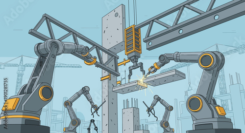 Robotic arms constructing modern building structures with advanced automation technology and welding sparks on a futuristic construction site.