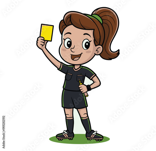 Energetic female referee shows a yellow card on the field during a game