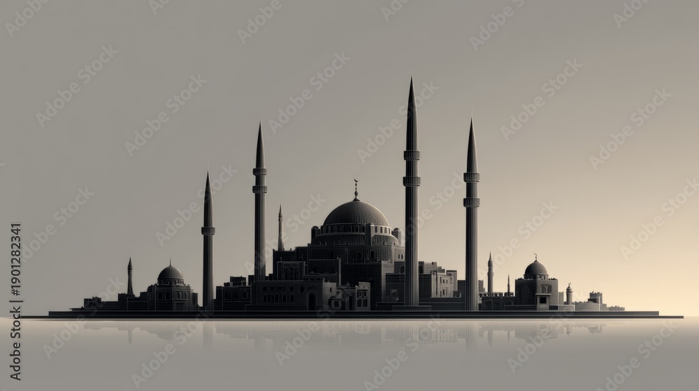 Fototapeta premium Modern 3D Silhouette of Iconic Mosque Architecture for Al Fitr Celebration