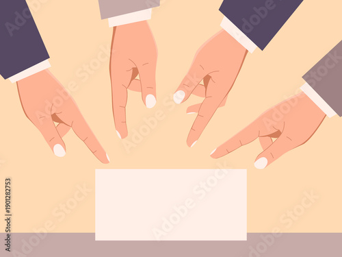 Drawing illustration of four hands pointing in direction, expressing the idea of ​​unanimity.