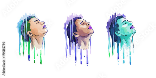 Rain-Drenched Dreamers: Watercolor Portraits with Vertical Drips .cartoon vector 