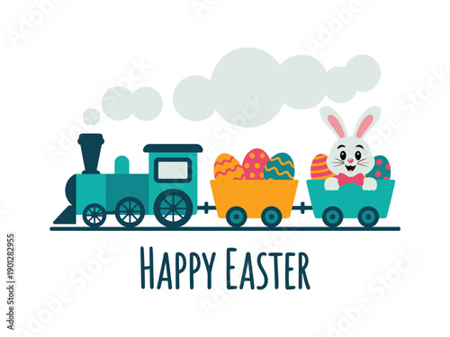 A cartoon Easter bunny rides a colorful train with Easter eggs.