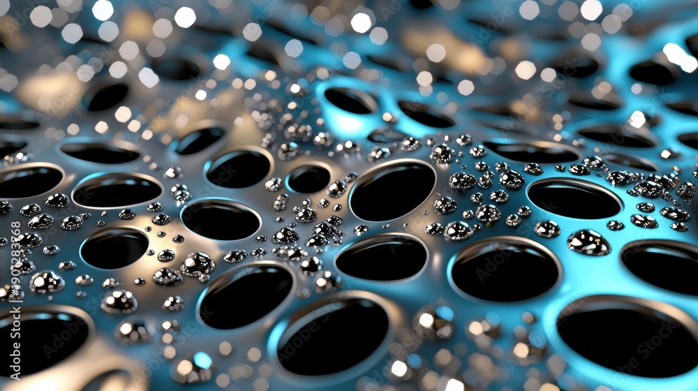 Fototapeta premium Modern Perforated Metal Surface With Turquoise Lights Abstract Futuristic Background