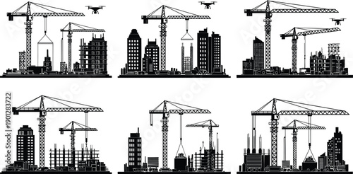 Urban construction skyline vector collection featuring tower cranes, drones and modern buildings silhouettes in black flat style for architecture development design