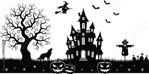 Halloween haunted house silhouette with spooky pumpkins and witch for CAD drawing flat vector illustration, creepy graveyard scene and festive icons