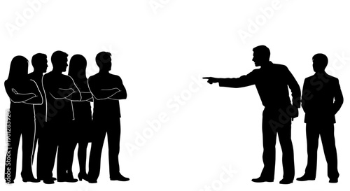 Silhouette of a commanding manager pointing directly at a group of employees standing firmly with their arms crossed in a workplace confrontation.